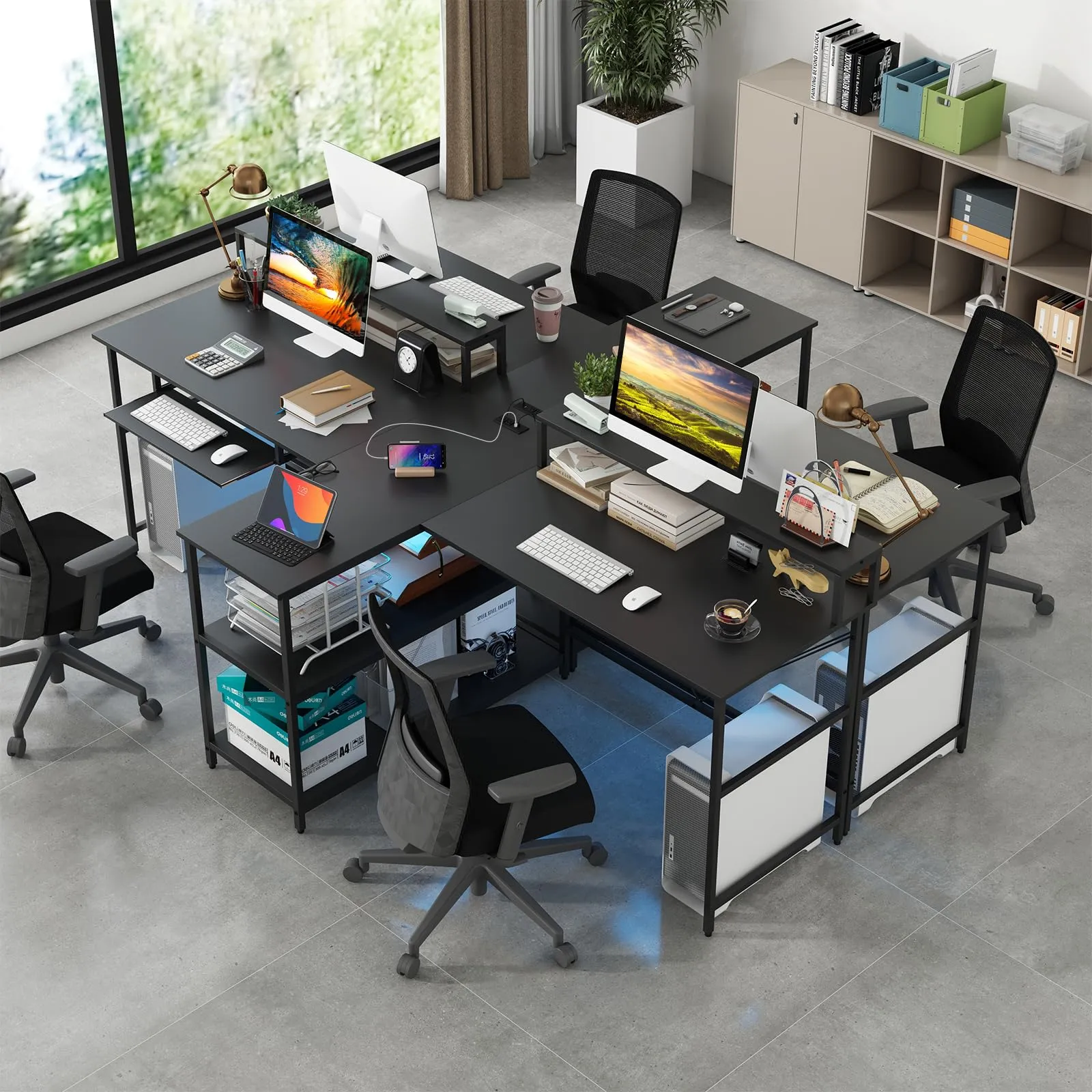 Tangkula 2-Person Reversible Computer Desk with LED Lights, 94.5” Long Office Desk with Power Outlets