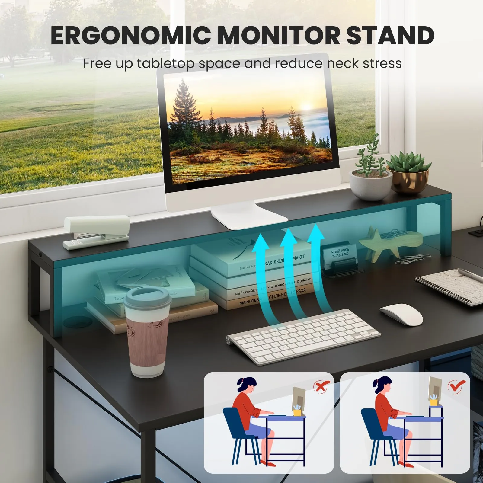 Tangkula 2-Person Reversible Computer Desk with LED Lights, 94.5” Long Office Desk with Power Outlets