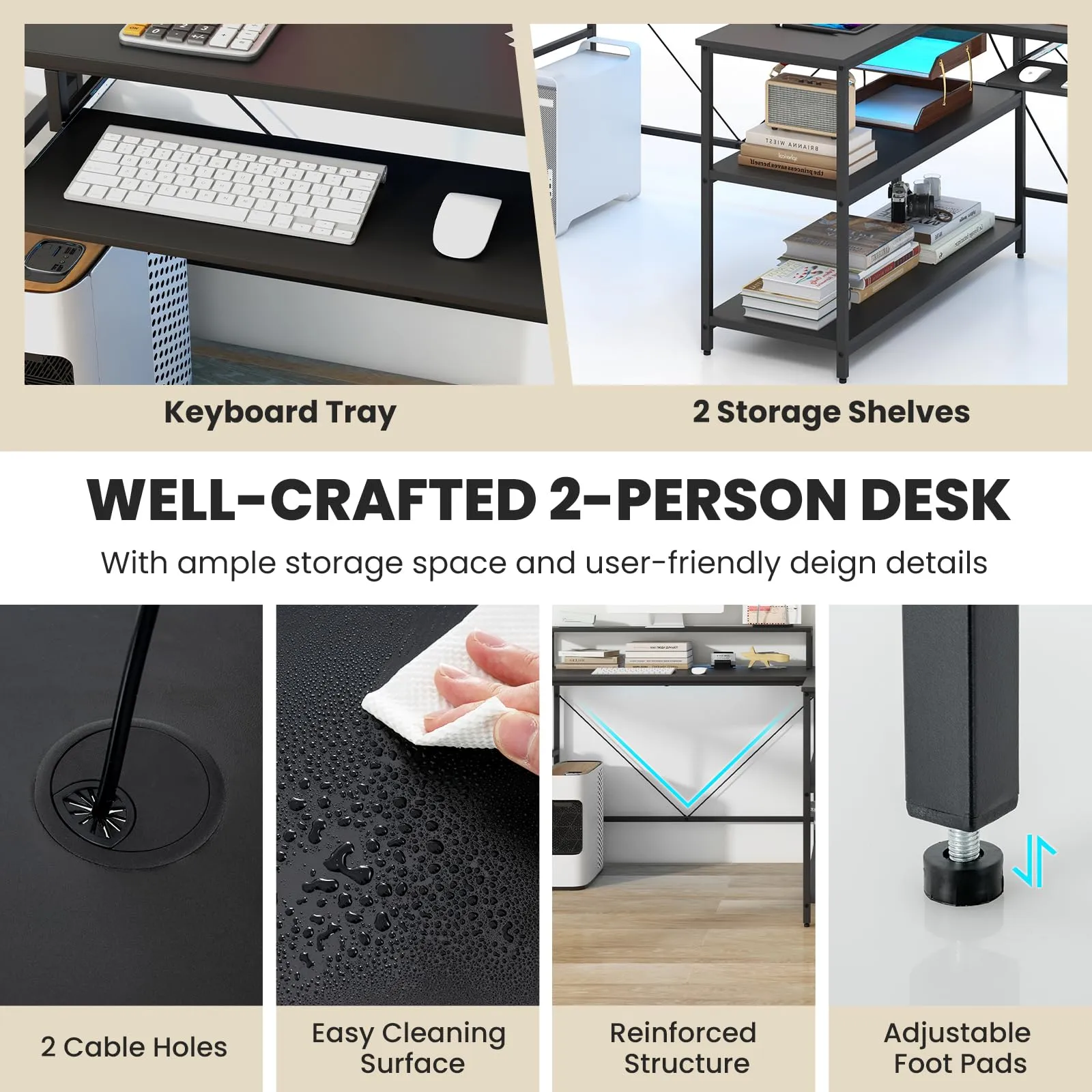 Tangkula 2-Person Reversible Computer Desk with LED Lights, 94.5” Long Office Desk with Power Outlets