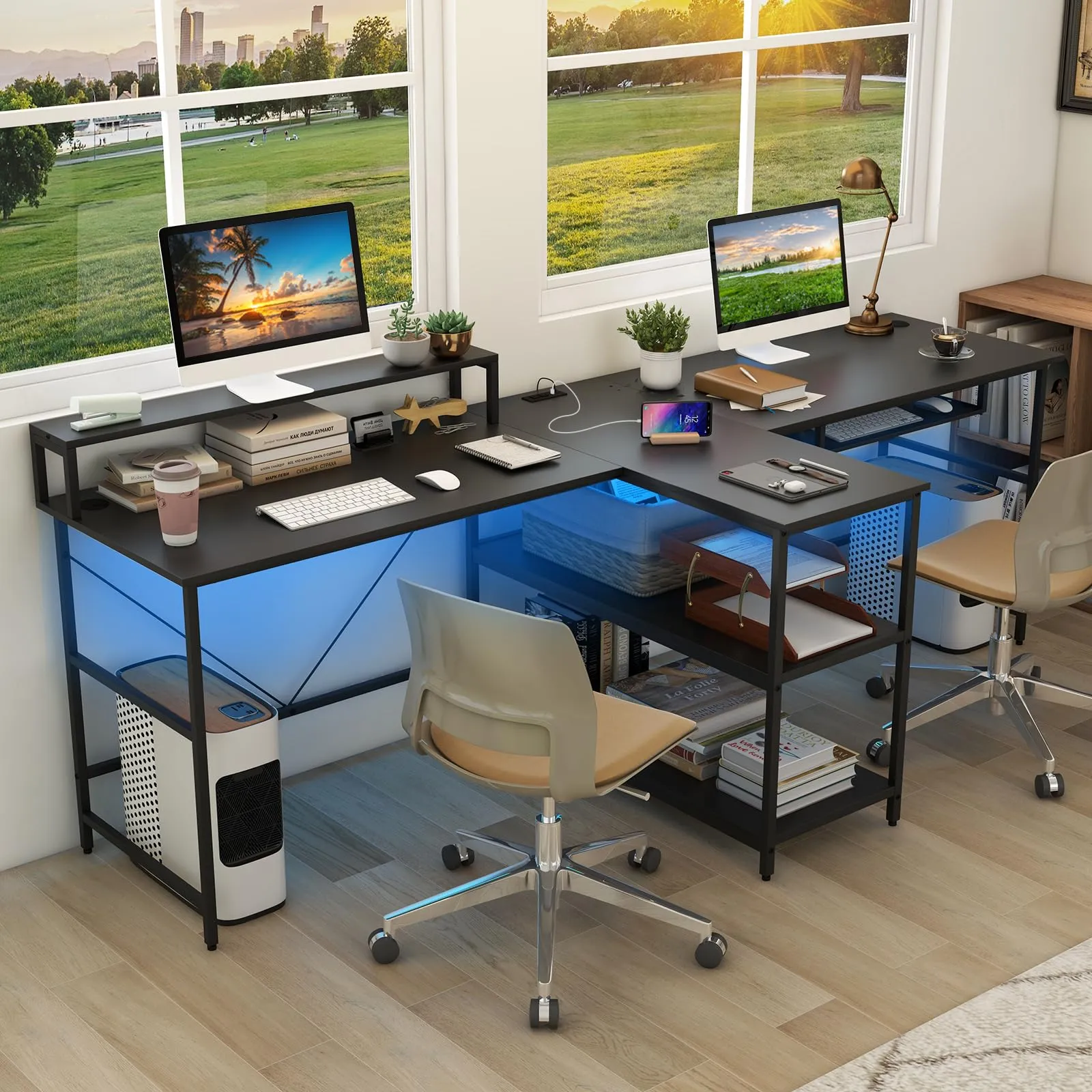 Tangkula 2-Person Reversible Computer Desk with LED Lights, 94.5” Long Office Desk with Power Outlets