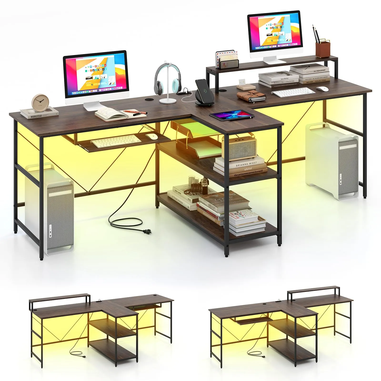 Tangkula 2-Person Reversible Computer Desk with LED Lights, 94.5” Long Office Desk with Power Outlets