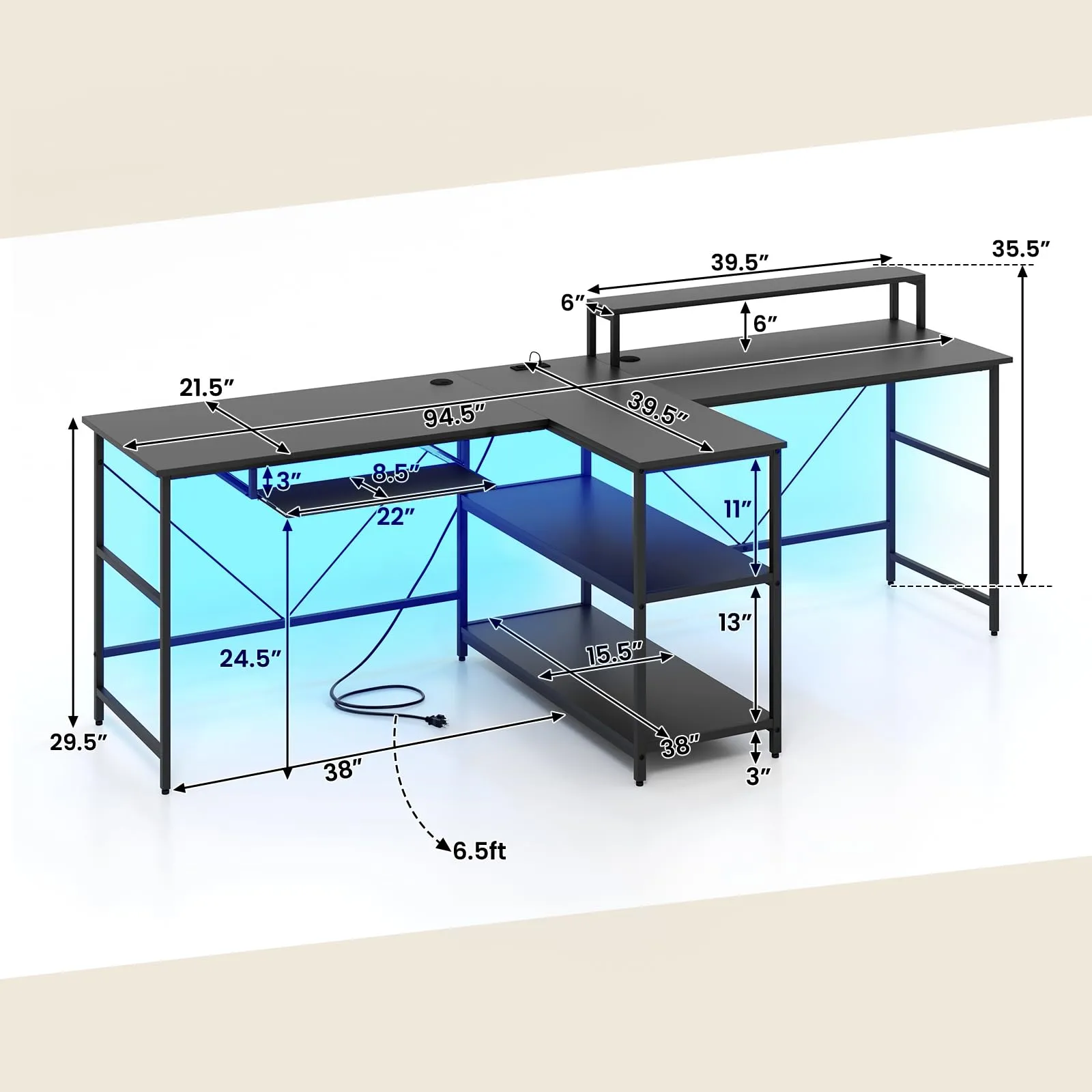 Tangkula 2-Person Reversible Computer Desk with LED Lights, 94.5” Long Office Desk with Power Outlets