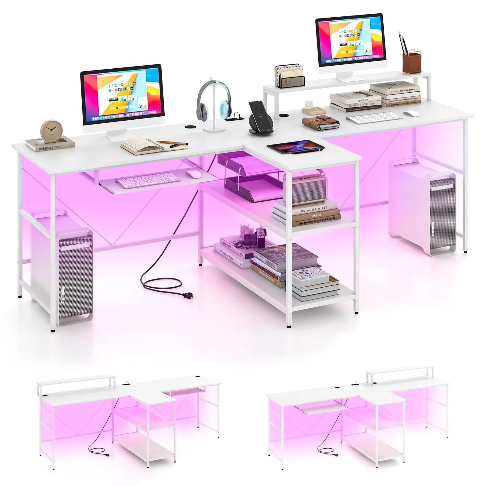 Tangkula 2-Person Reversible Computer Desk with LED Lights, 94.5” Long Office Desk with Power Outlets