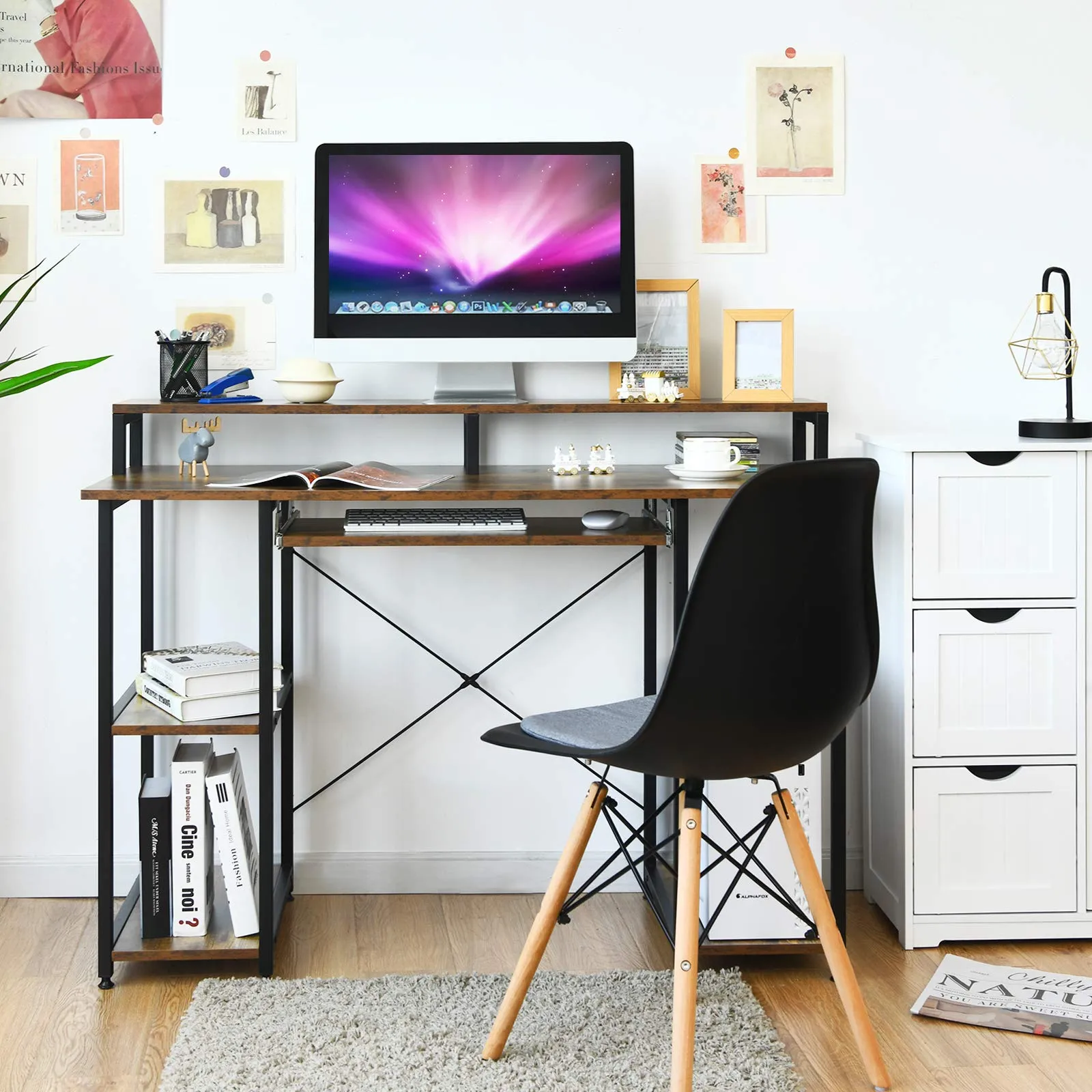 Tangkula Computer Desk with Storage Shelves, Monitor Stand