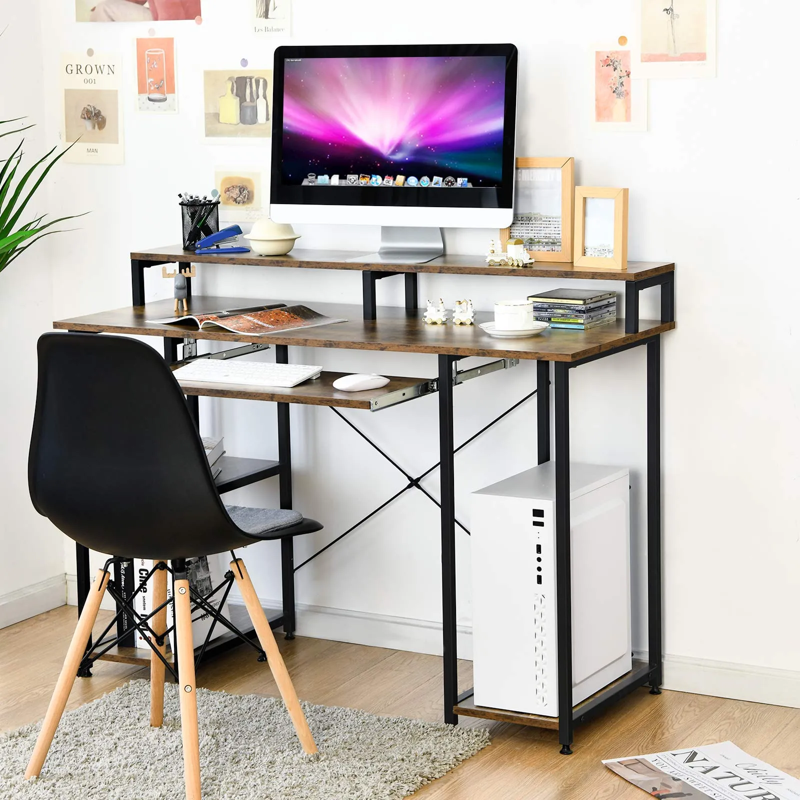 Tangkula Computer Desk with Storage Shelves, Monitor Stand