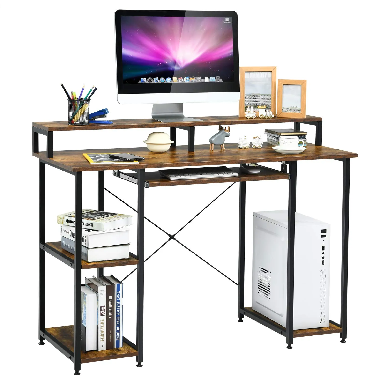 Tangkula Computer Desk with Storage Shelves, Monitor Stand