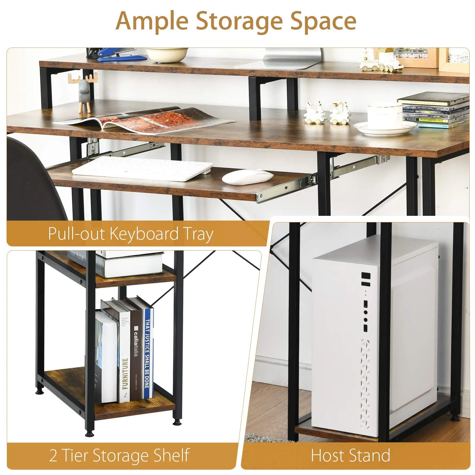 Tangkula Computer Desk with Storage Shelves, Monitor Stand