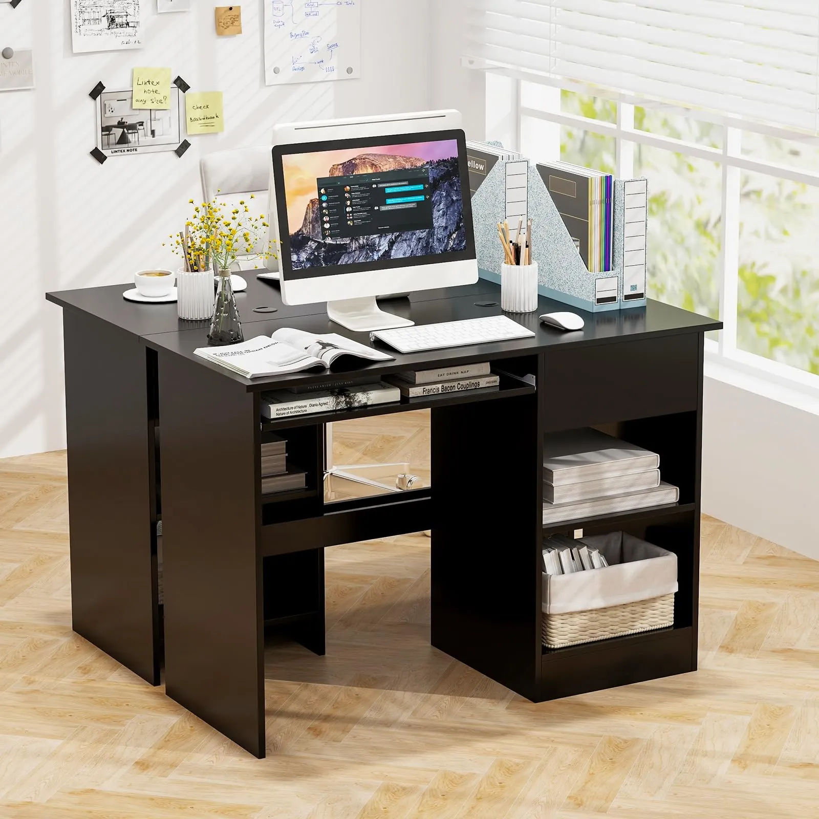 Tangkula Desk with Drawer, Wooden Computer Desk with Pull-Out Keyboard Tray & Adjustable Storage Shelves