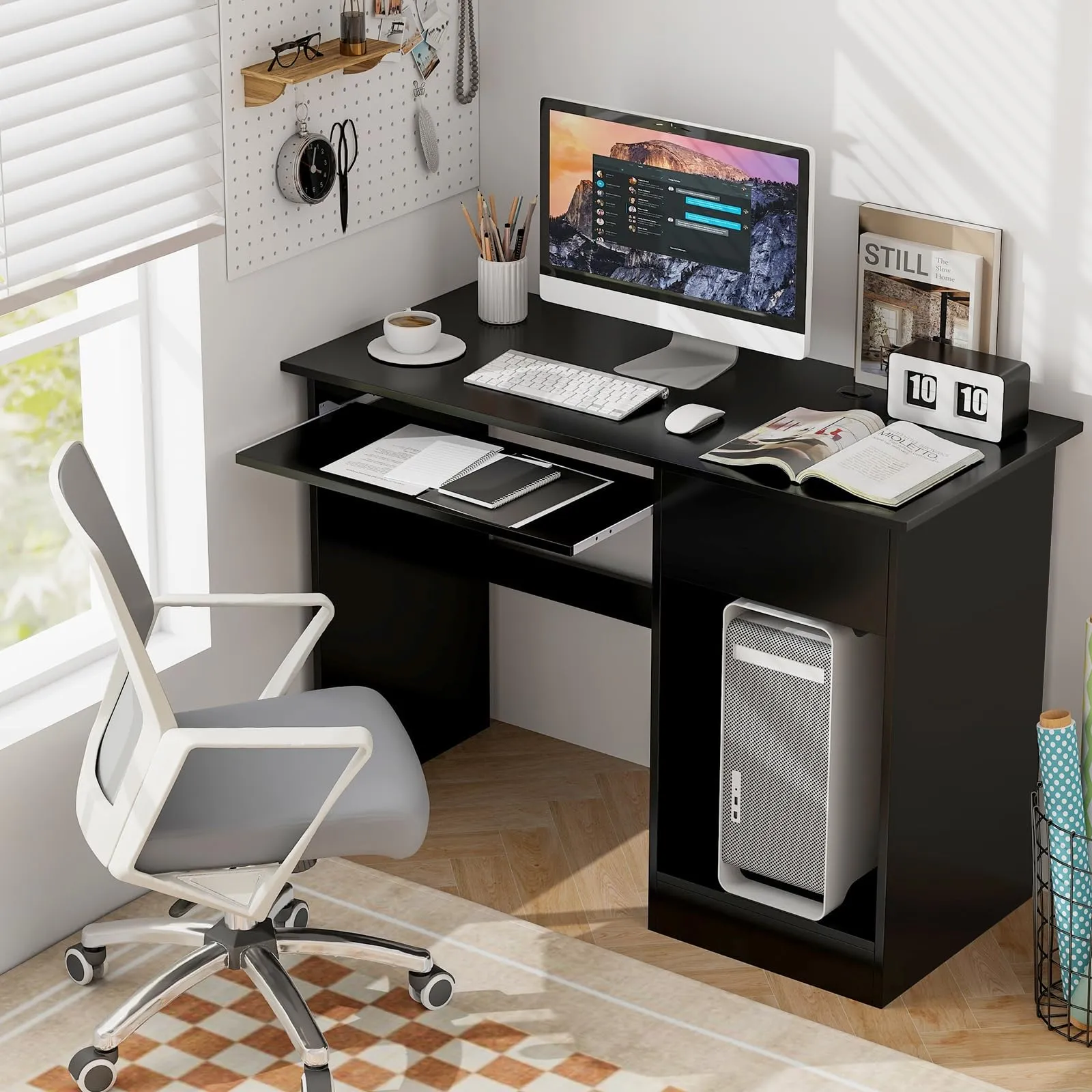 Tangkula Desk with Drawer, Wooden Computer Desk with Pull-Out Keyboard Tray & Adjustable Storage Shelves