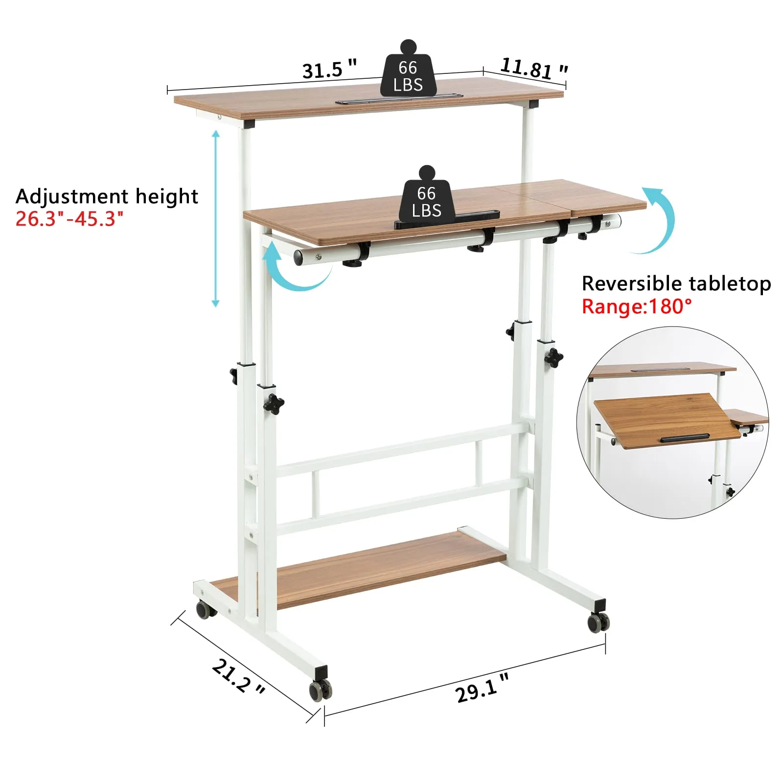 Vintage Oak Stand-Up Computer Desk with Wheels and Adjustable Roller Skates