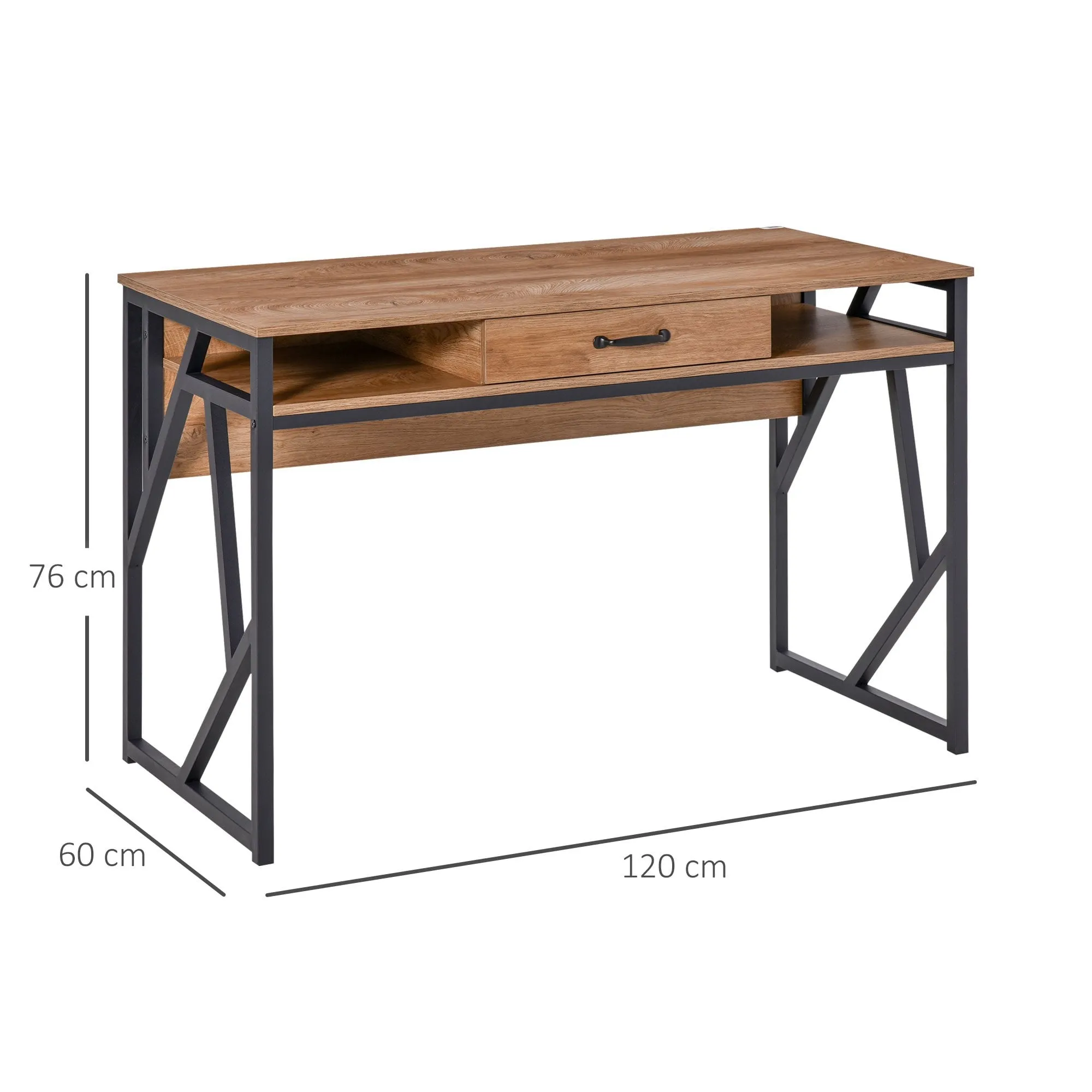 Writing Desk Computer Table Home Office PC Laptop Workstation Drawer Storage Shelf, Brown and Black Steel Leg